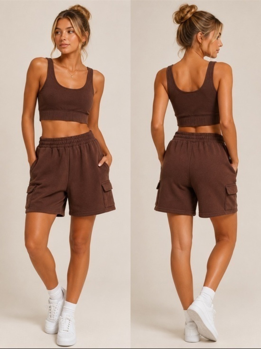 Refuge Athletics Brown Fleece Cargo Shorts & Crop Tank Lounge Set Cozy Matching